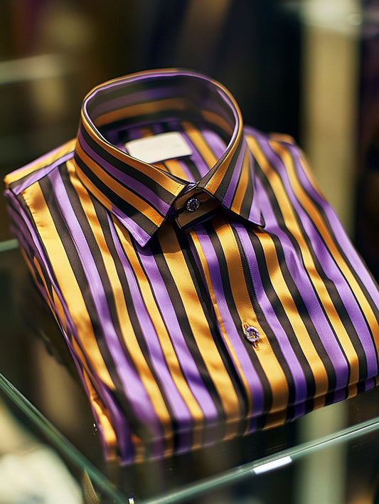 Men's Silk Stripe Luxury Business Long Sleeve Shirt No Bow Tie