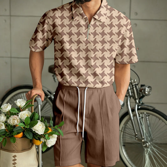 Men's Casual Wavy-Patterned Zipper Polo Shirt and Shorts Two-Piece Set