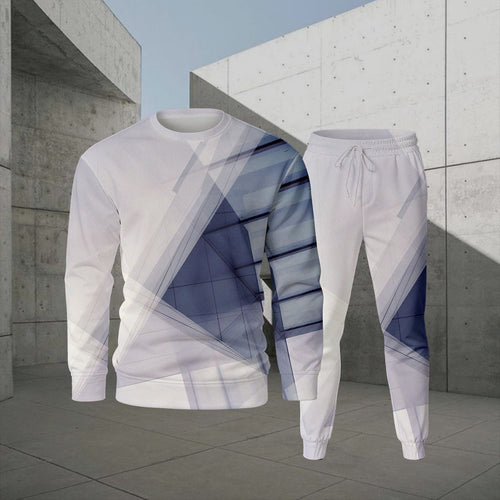 Men's Casual Color Matching Printed Round-Neck Long-Sleeve Sweatshirts Trousers Two-Piece Set