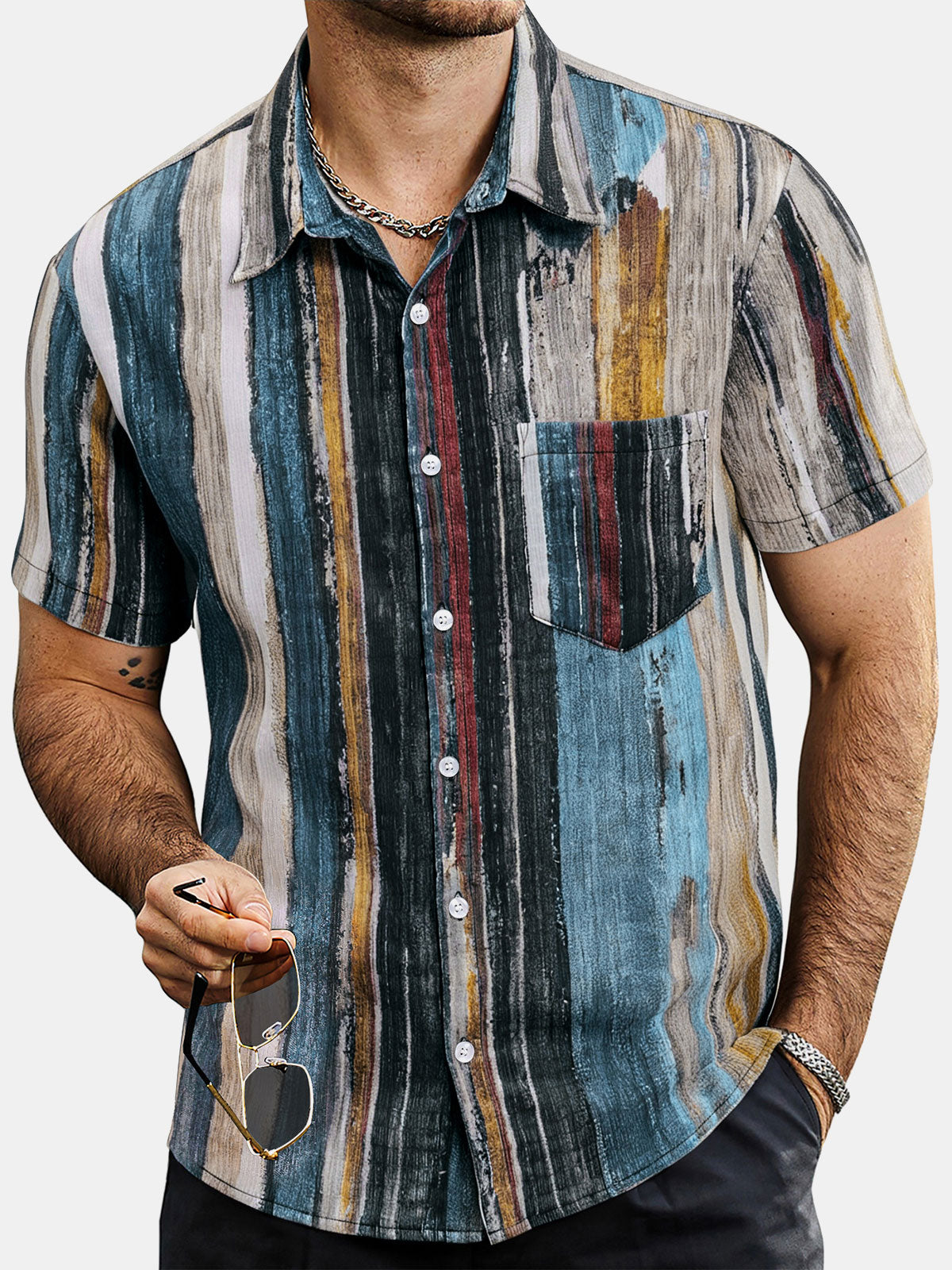 Men's Summer Striped Short Sleeve Hawaiian Shirt