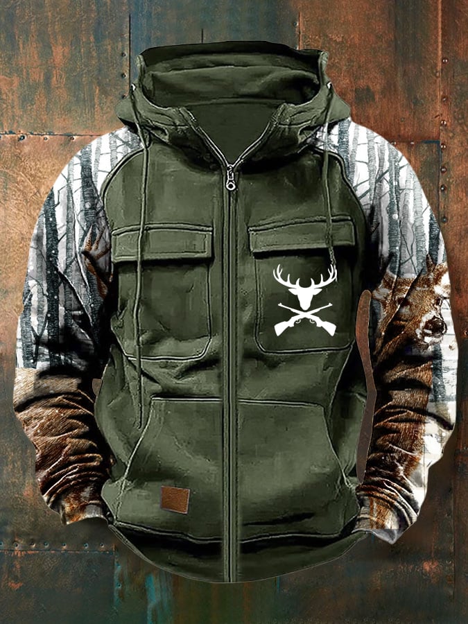 Men's Vintage Western Deer Print Multi-Pocket Jacket