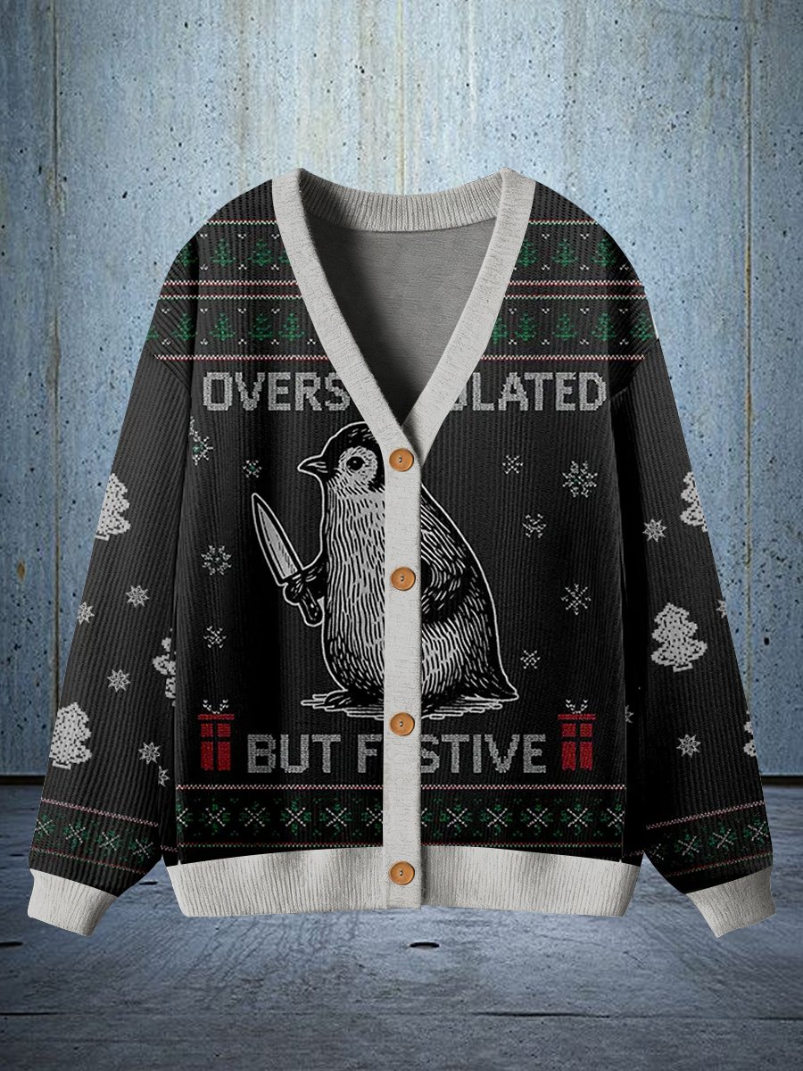 Overstimulated but Festive Christmas Ugly Cardigan Sweater