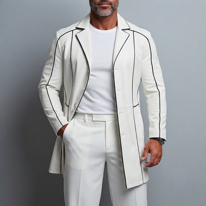 Men's White PU Leather Notched Lapel Contrast Piping Long Sleeve Mid‐Long Single Breasted Trench Coat
