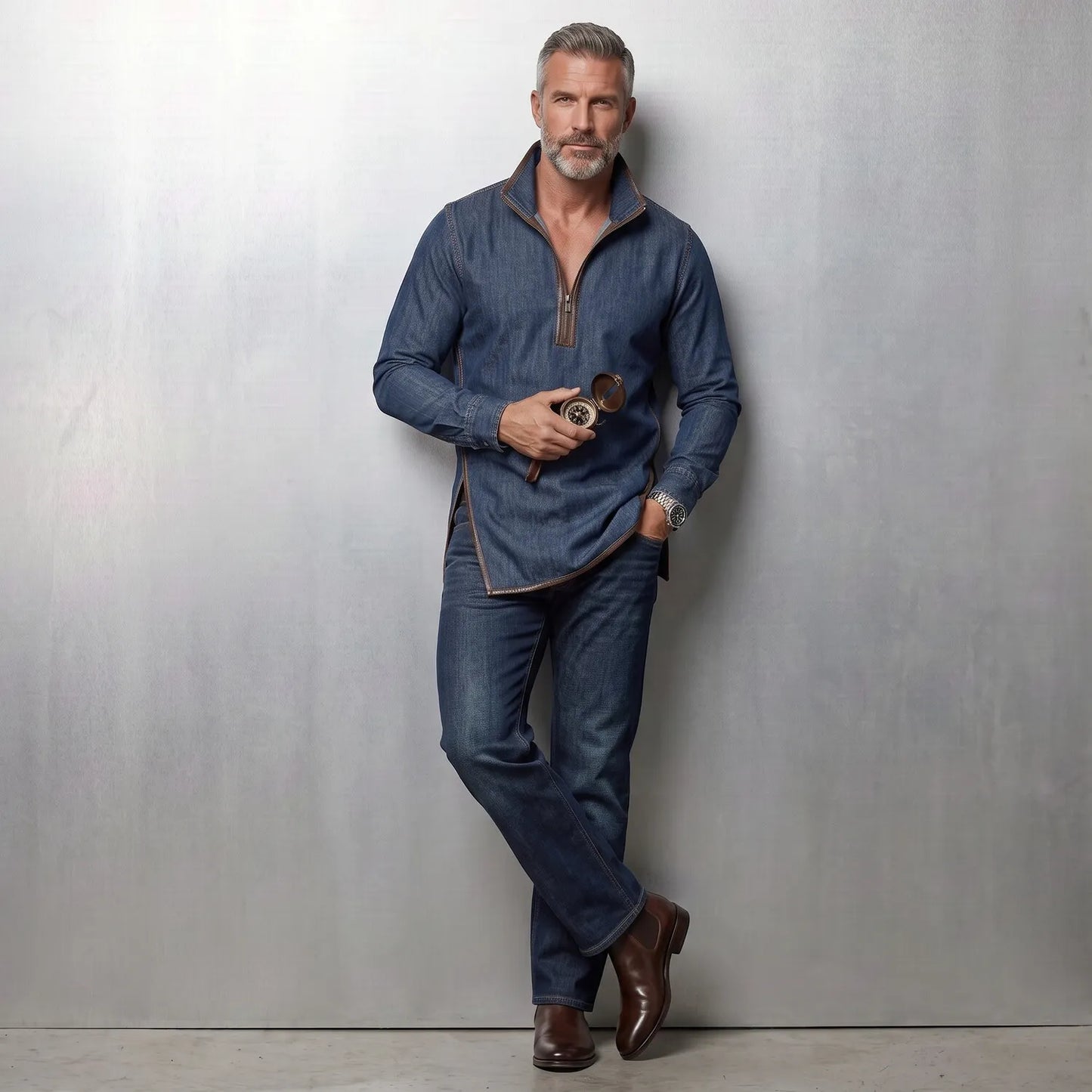 Men's Denim Stand Collar Contrast PU Leather Trim Side Slit Half Zip Slim Fit Sweatshirt