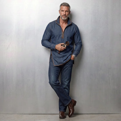 Men's Denim Stand Collar Contrast PU Leather Trim Side Slit Half Zip Slim Fit Sweatshirt