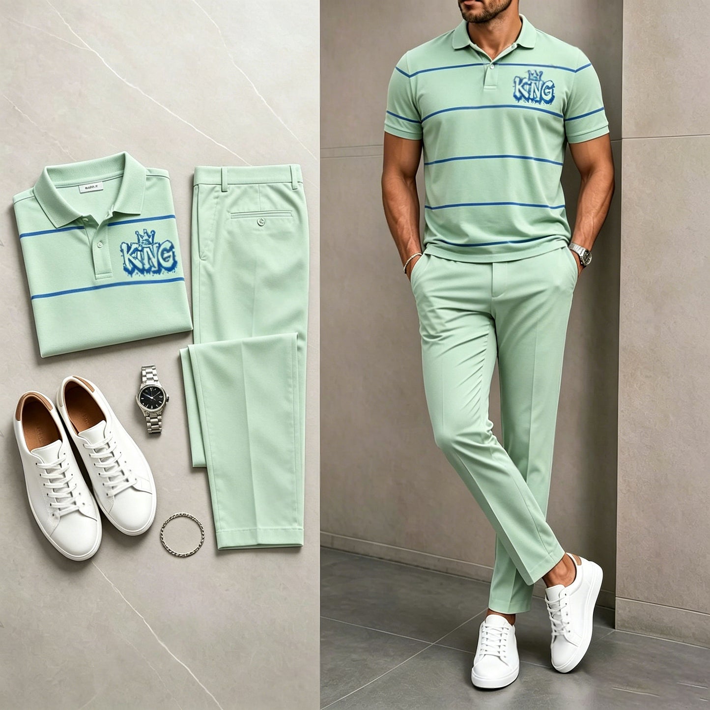 Men's Casual Light Green Printed Polo Shirt And Pants Two-Piece Set