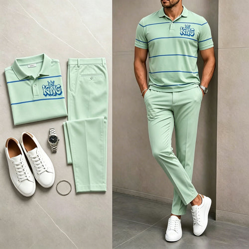 Men's Casual Light Green Printed Polo Shirt And Pants Two-Piece Set