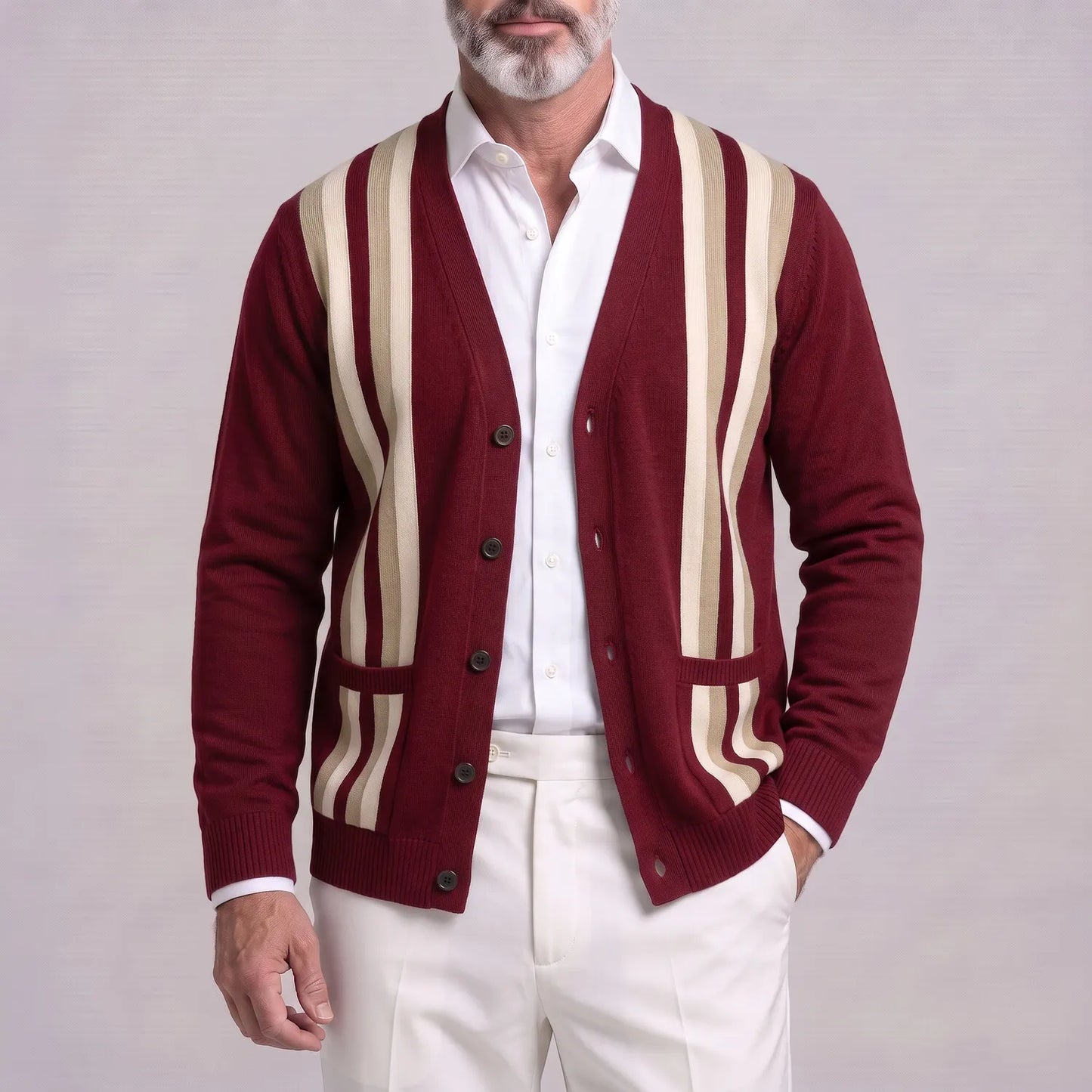 Men's Classic Contrast Striped V Neck Single Breasted Patch Pockets Knitted Cardigan
