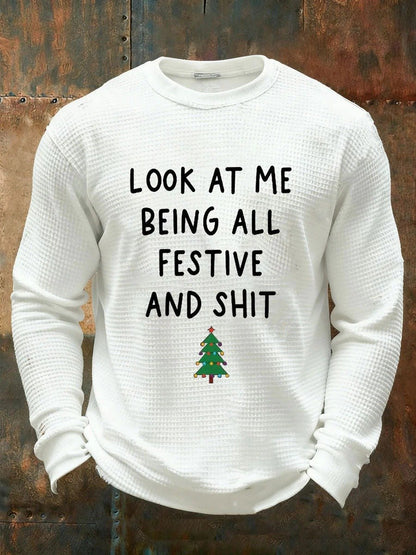 Men's Christmas Printed Design Waffle Fabric Long Sleeve T-Shirt