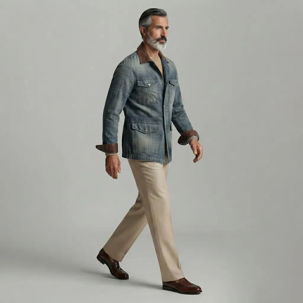 Men's Vintage Multi-Pocket PU Leather Patchwork Turndown Collar Zip-Up Denim Jacket