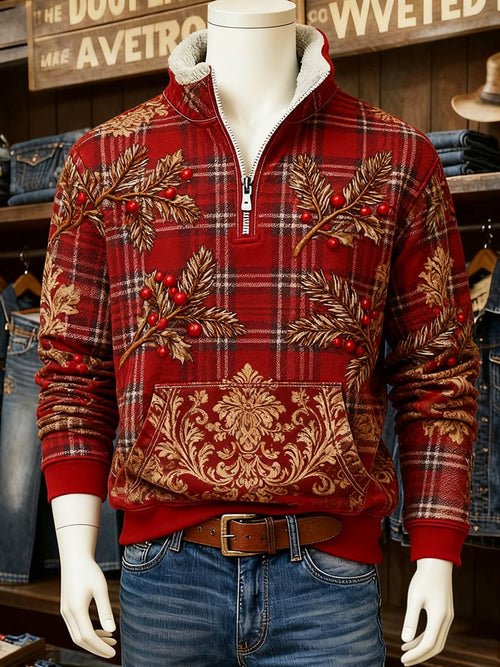 Men's Vintage Christmas Holiday Quarter Zip Fur Collar Sweatshirt