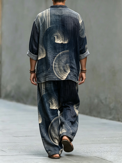 Men's Vintage Gradient Floral Print Cotton Shirt Set