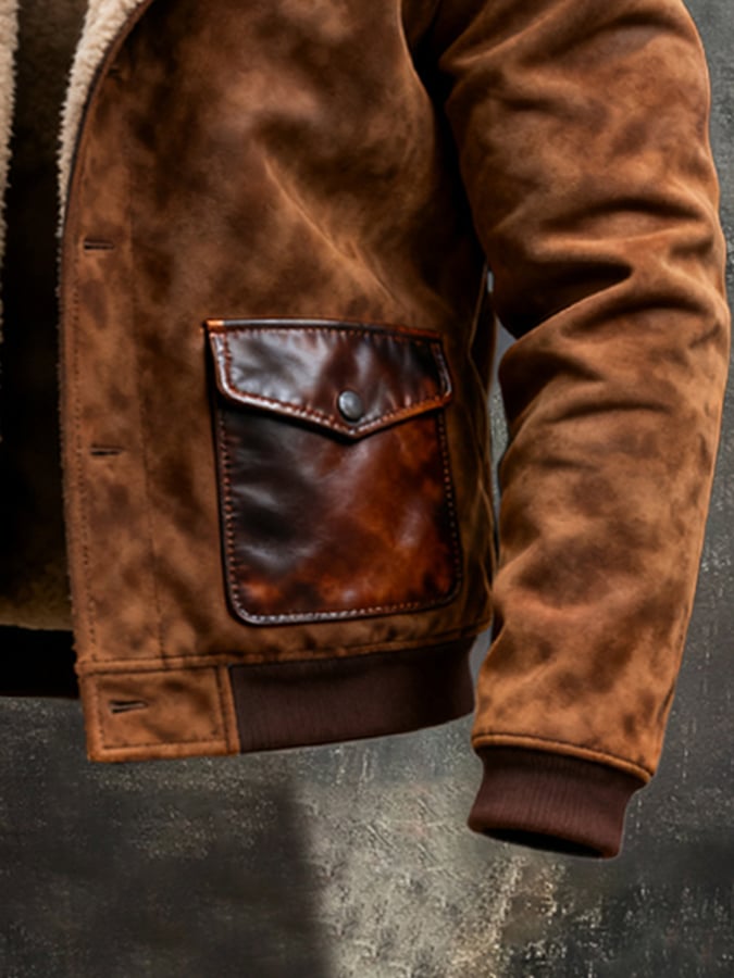 Men's Retro Large Fur Collar Spliced Leather Contrast Color Jacket