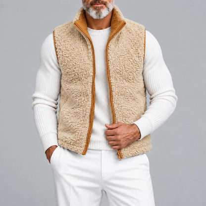 Men's Solid Color Stand Collar Zipper Sherpa Fleece Lined Reversible Puffer Vest