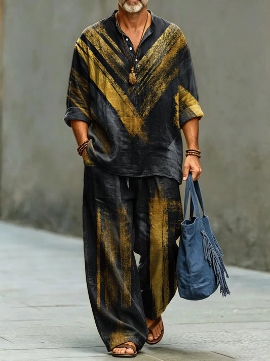 Men's Fashionable Abstract Stripe Art Print Cotton Shirt Set