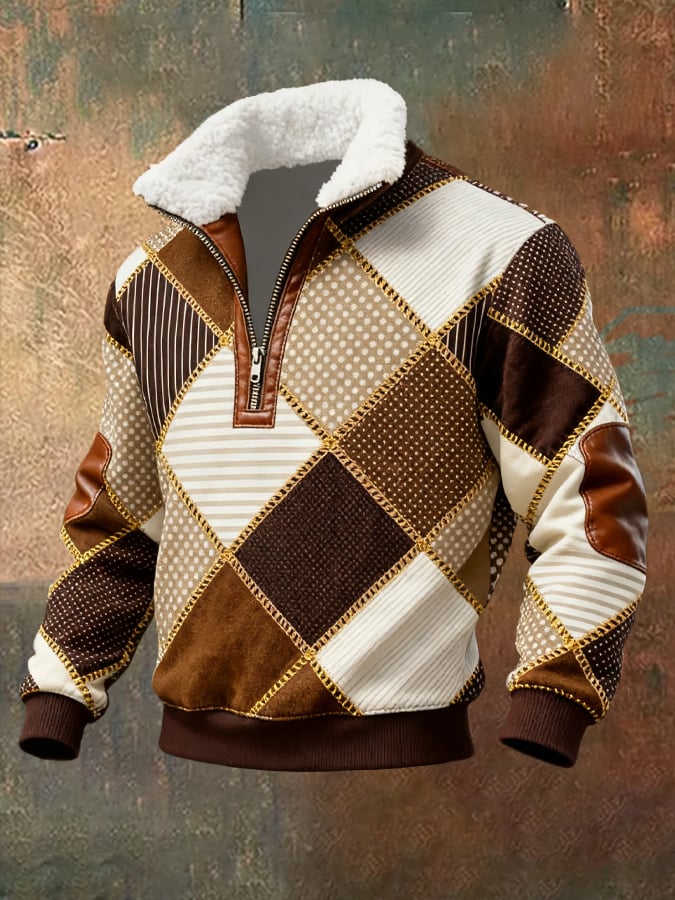 Men's Retro Distressed Color Block Print Casual Fur Collar Long Sleeve Sweatshirt