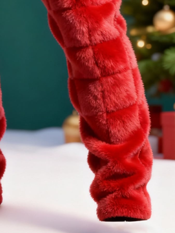Men's Red Textured Plush Warm Christmas Cargo Pants
