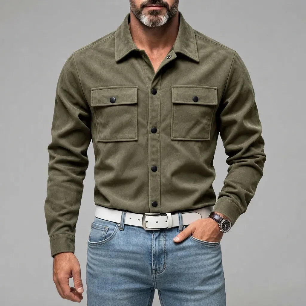 Men's Suede Solid Color Double Chest Pockets Snap Buttons Casual Long Sleeve Shirt