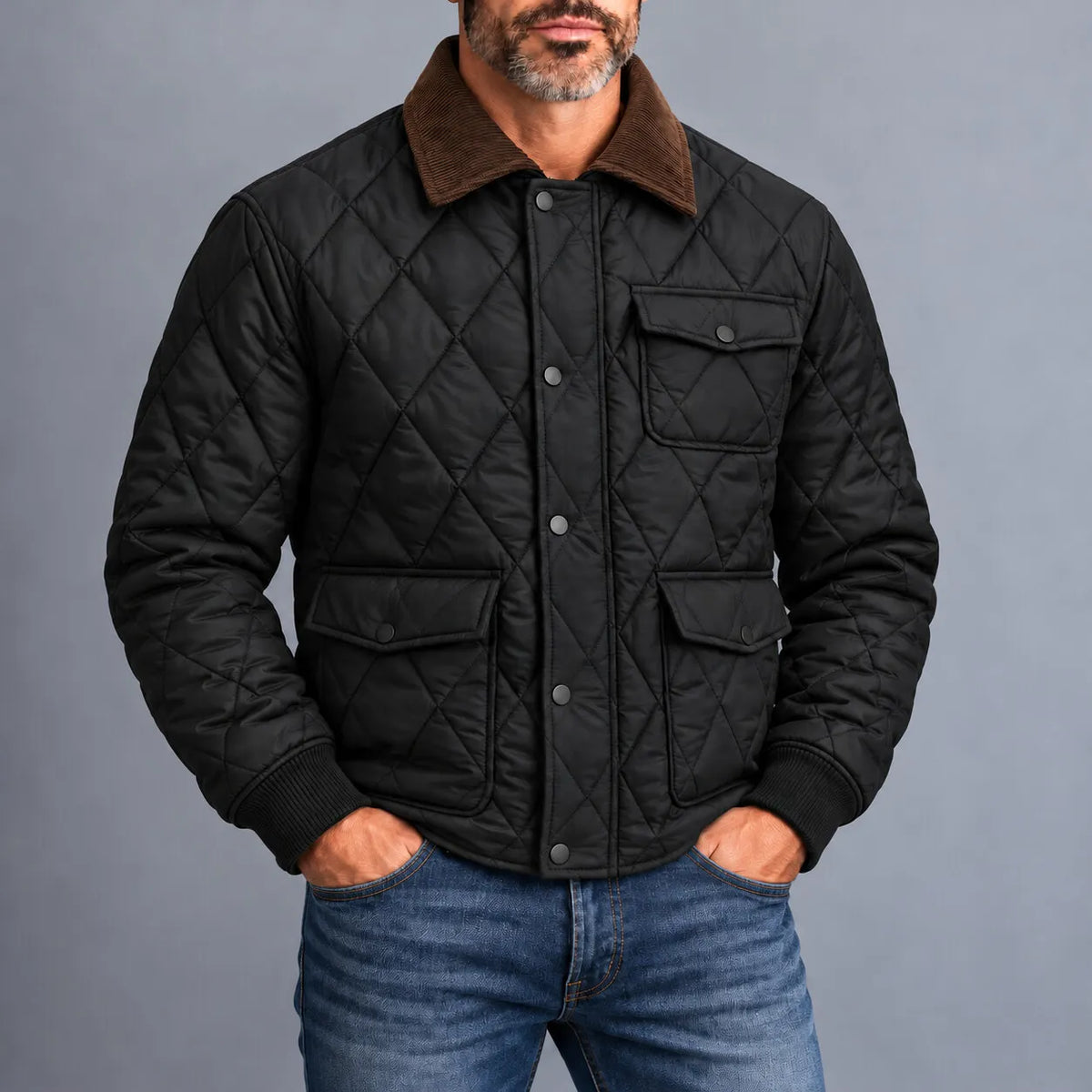 Men's Casual Solid Color Contrast Turndown Collar Utility Pockets Snap Buttons Quilted Jacket