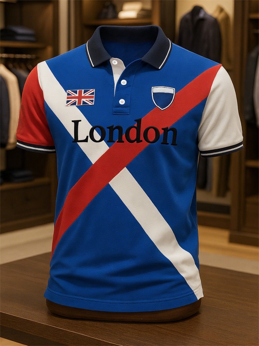 Men's Business Casual Union Jack Button Short Sleeve Polo Shirt
