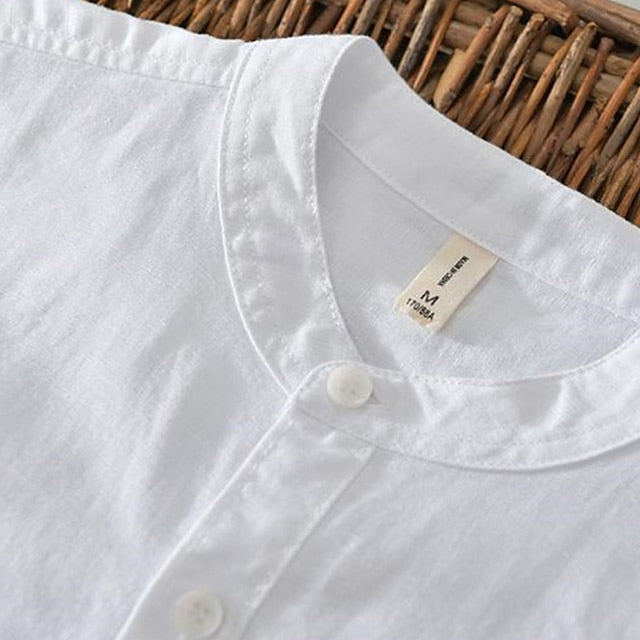 Men's Shirt Linen Shirt Casual Shirt Button Up Shirt Cotton Shirt Plain Vacation Hawaiian White Navy Blue Khaki Gray Long-Sleeve Band Collar Spring Fall Clothing Apparel Button-Down