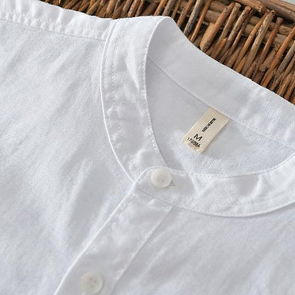 Men's Shirt Linen Shirt Casual Shirt Button Up Shirt Cotton Shirt Plain Vacation Hawaiian White Navy Blue Khaki Gray Long-Sleeve Band Collar Spring Fall Clothing Apparel Button-Down