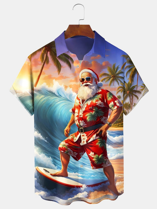 Men's Christmas Surfing Santa Print Casual Shirt