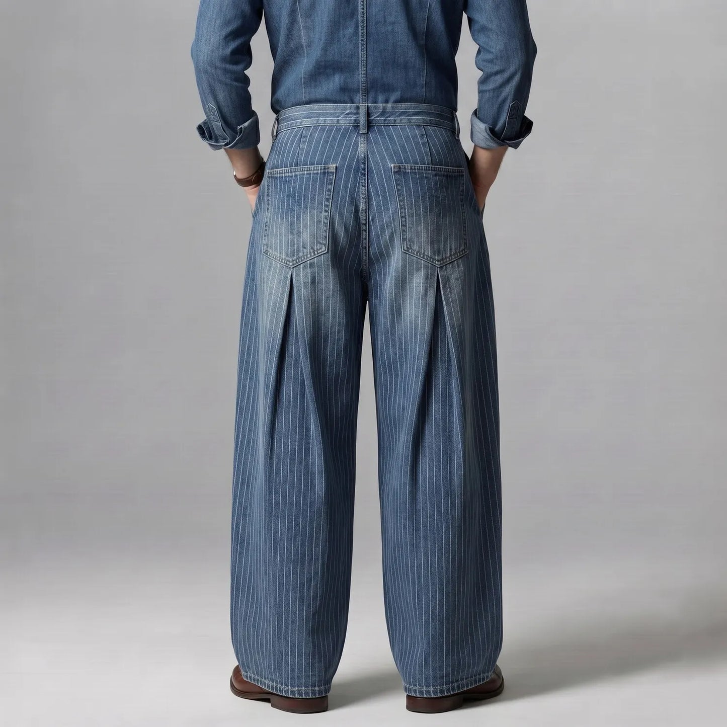 Men's Pinstripe Pattern Slant Pocket Pleated Wide Leg Denim Pants