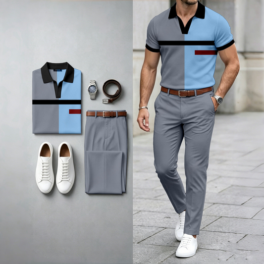 Men's Casual Color-Blocked Print Short-Sleeve Polo Shirt And Pants Two-Piece Set (Watch And Belt Not Included)