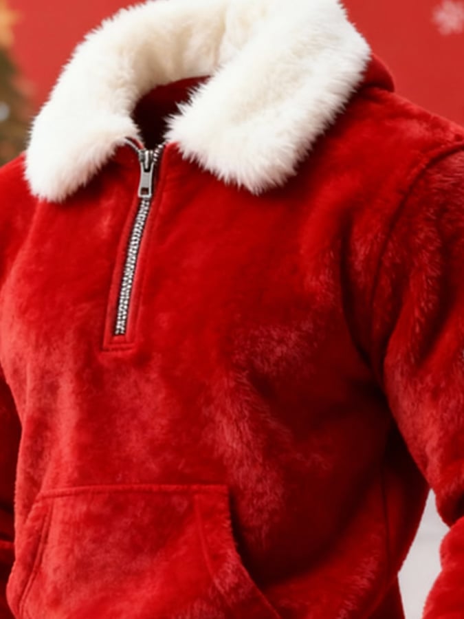 Men's Warm Plush Stitching Contrast Color Christmas Hooded Sweatshirt