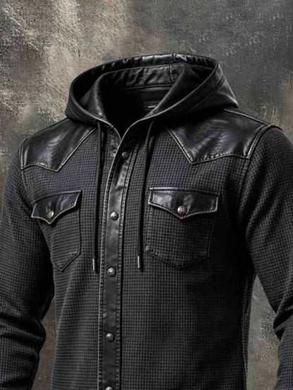 Men'S Vintage-Style Waffle-Knit And Leather Panel Hooded Western Shirt