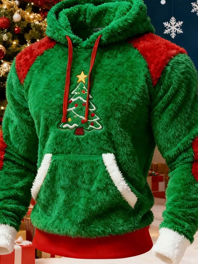 Men's Casual Christmas Print Flannel Hooded Sweatshirt