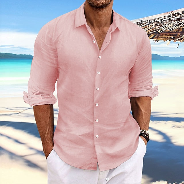 Men's Linen Shirt Summer Shirt Beach Wear Casual Shirt Button Up Shirt Plain Casual Daily Light Yellow White Pink Dark Navy Long-Sleeve Spring & Summer Clothing Apparel