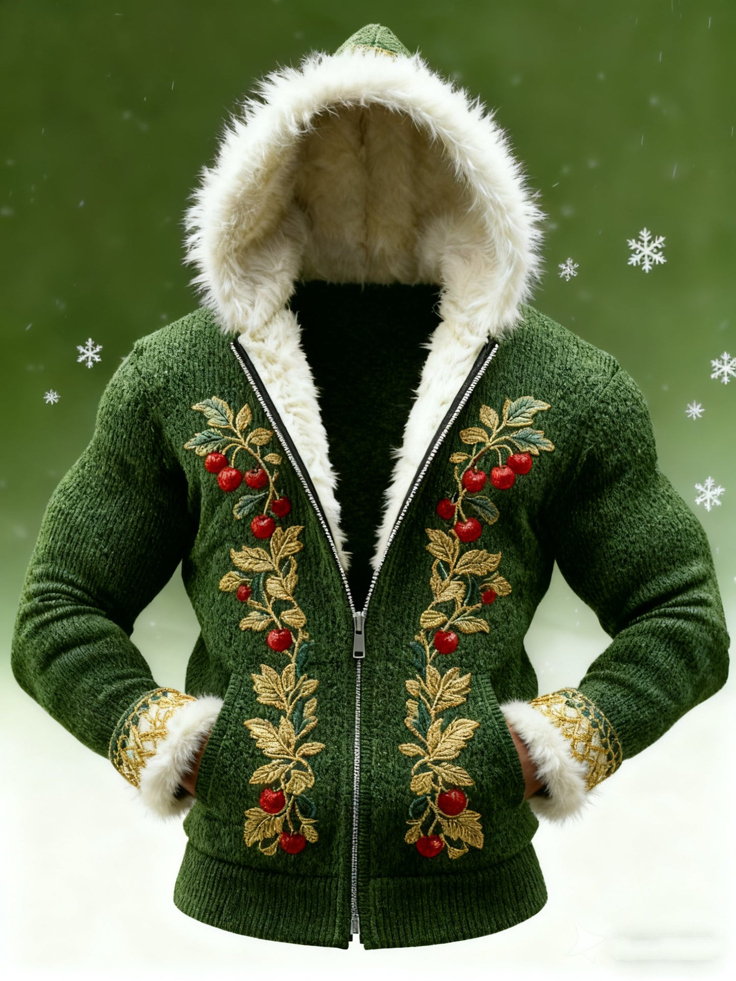 Men’s Christmas Embroidered Knit Hoodie Jacket