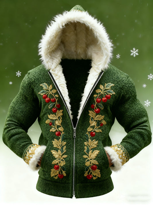 Men’s Christmas Embroidered Knit Hoodie Jacket