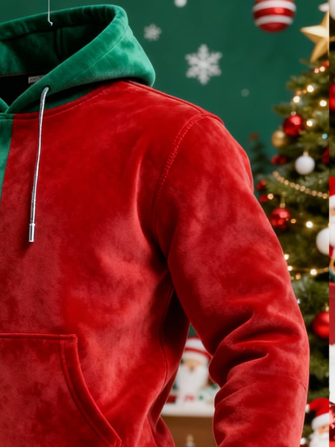 Men's Suede Warm Plush Color-Blocked Christmas Hooded Sweatshirt