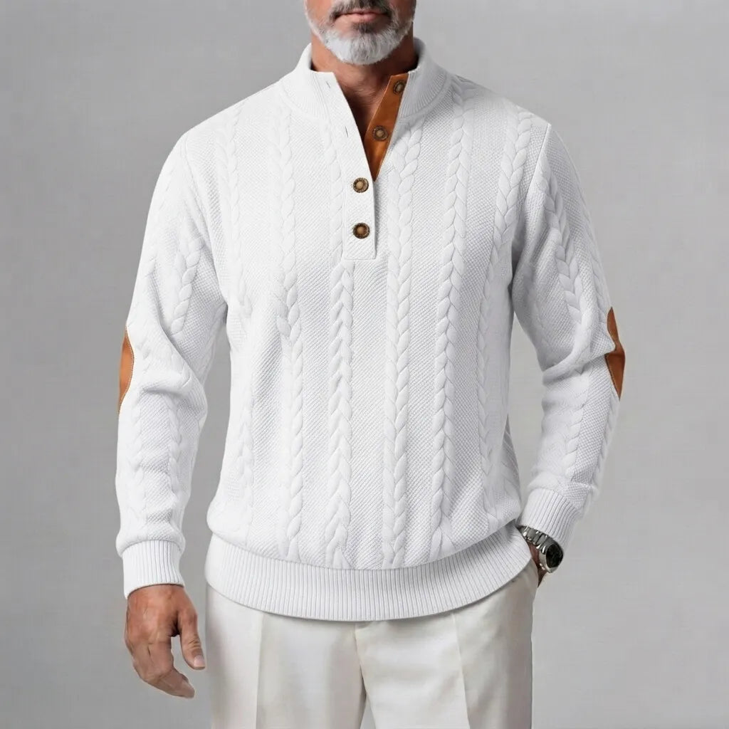 Men's Cable Knit Button Half Placket Stand Collar Patchwork Sweatshirt