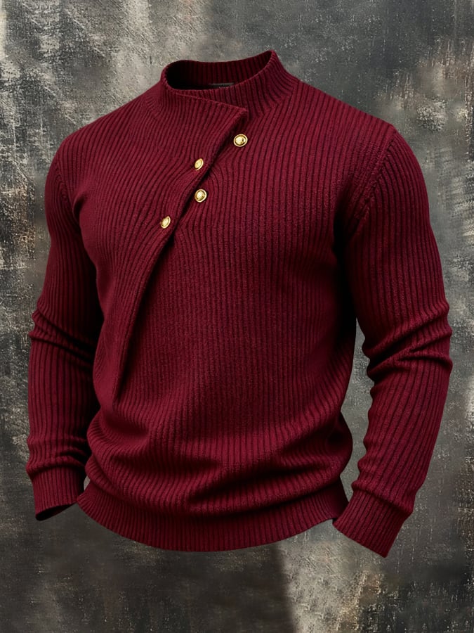 Men's Casual Warm Knitted Stand Collar Diagonal Button Sweater Base Layer