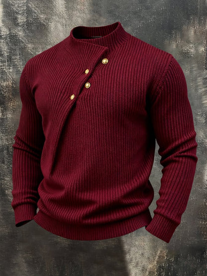 Men's Casual Warm Knitted Stand Collar Diagonal Button Sweater Base Layer