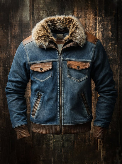 Men's Retro Stitching Contrast Color Zipper Fur Collar Jacket