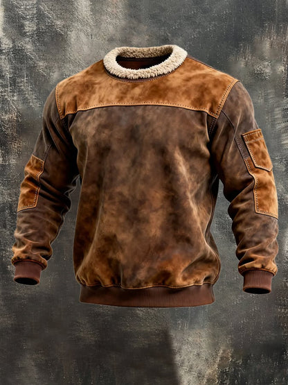 Men's Vintage Suede and Lambswool Collar Long Sleeve Sweatshirt
