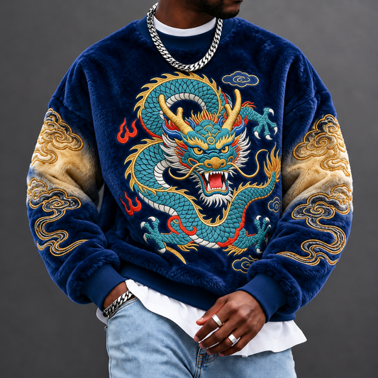 Men's Round-Neck Sweatshirt with Chinese Dragon Print