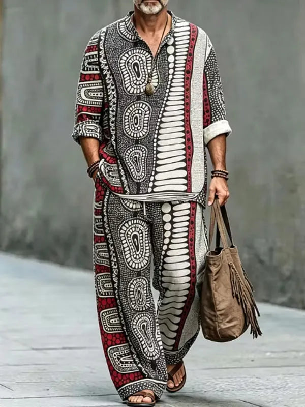 Men's Tribal Geometric Print Half Button Long Sleeve Shirt Pants 2pcs Set