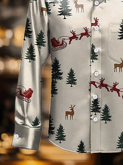 Men's Luxury Christmas Contrast Print Long Sleeve Pocket Shirt