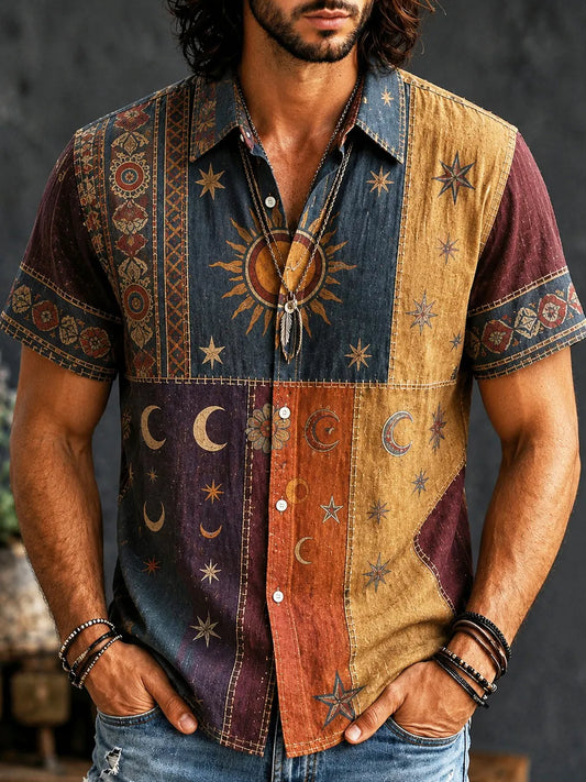 Men's Hippie Sun And Moon Element Patchwork Art Print Short Sleeves Shirt