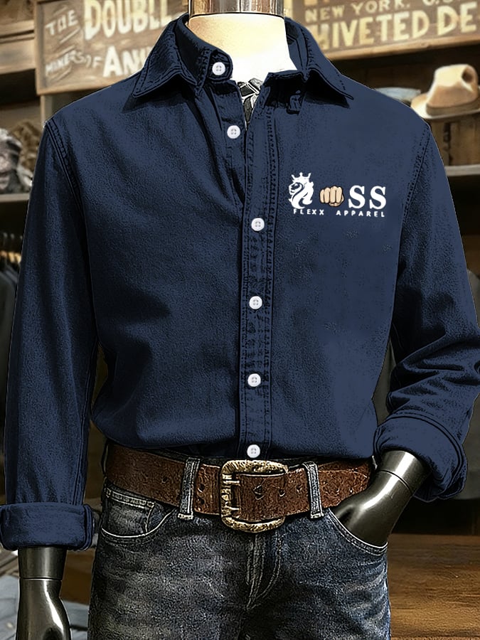 Men's Retro Letter Design Printed Long Sleeve Casual Shirt