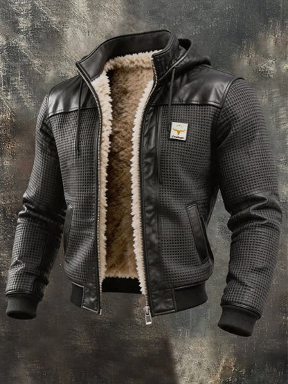 Men's Retro Textured Square Check Double Collar Warm Multi-pocket Outdoor Jacket
