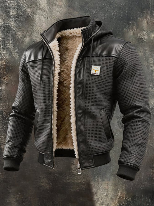 Men's Retro Textured Square Check Double Collar Warm Multi-pocket Outdoor Jacket