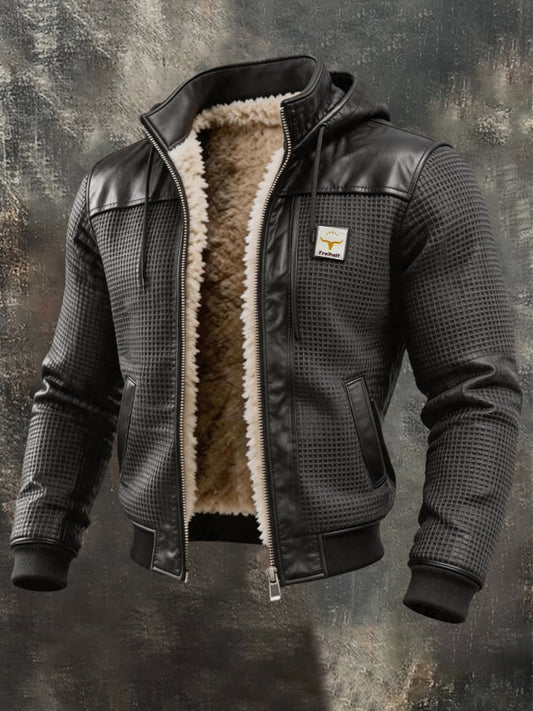 Men's Retro Textured Square Check Double Collar Warm Multi-pocket Outdoor Jacket