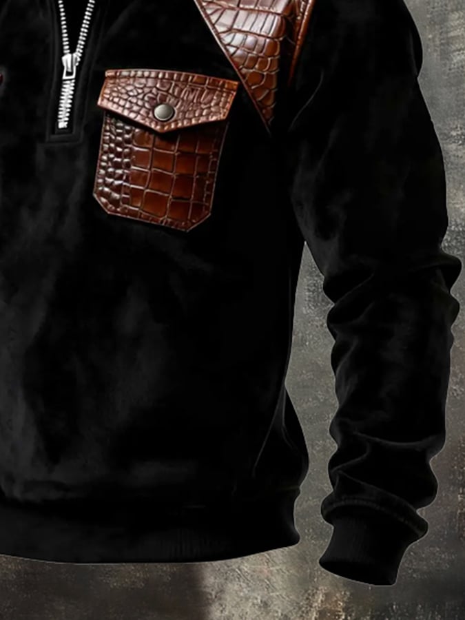 Men's Retro Stitching Contrast Color Half Zip Long Sleeve Sweatshirt